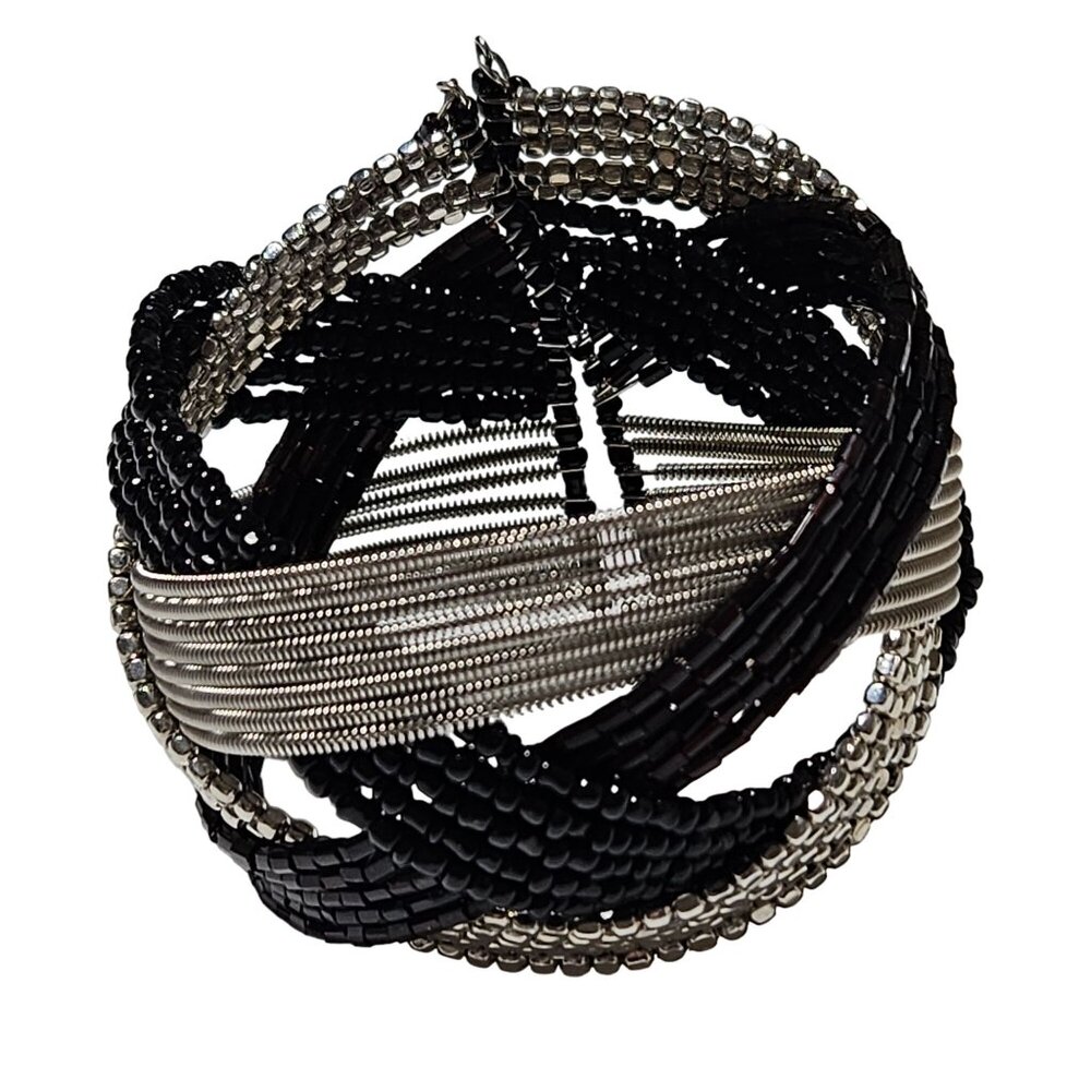 Elegant Handmade Coil Bracelet Black Silver Beaded Statement Fashion Jewelry